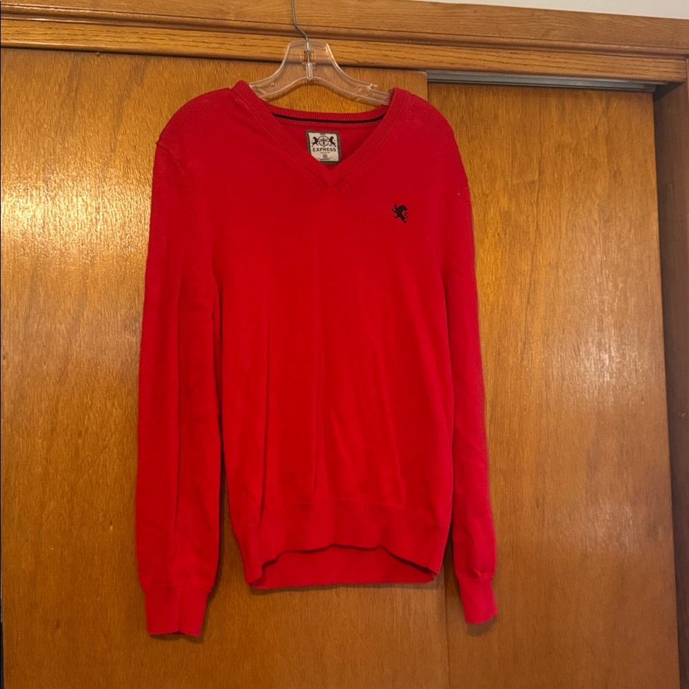 Express Red V-Neck Sweater with Black Emblem
